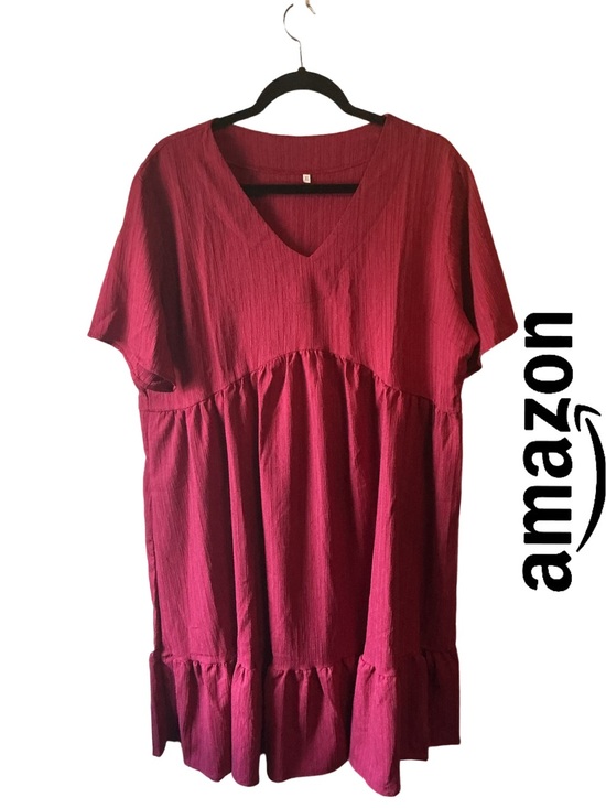 Amazon Tops - Women's V-Neck Short Sleeve Babydoll Style Summer Dress - Wine